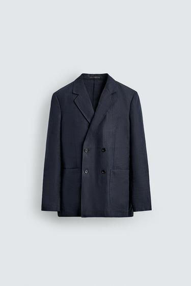 DOUBLE-BREASTED HERRINGBONE 100% LINEN SUIT BLAZER - Indigo by Zara