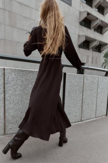ROBE CHEMISE MI-LONGUE AVEC CEINTURE - Chocolat de Zara - Image 5