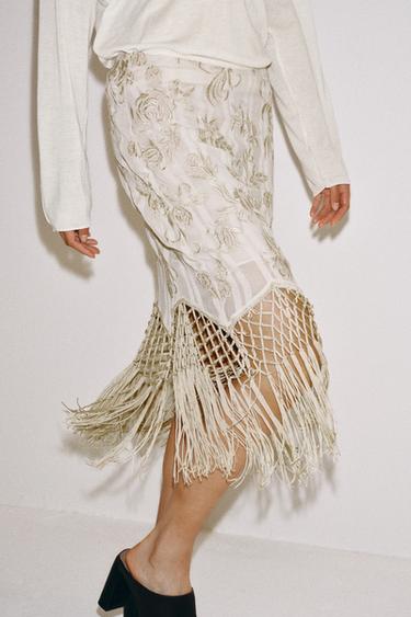 ZW COLLECTION EMBROIDERED FRINGED SKIRT - Ecru by Zara - Image 1