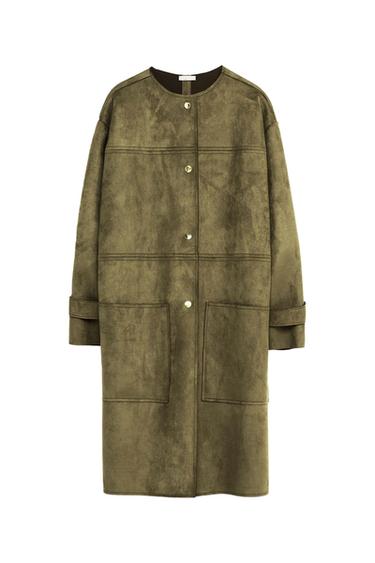 Front view of a long green coat with gold buttons and large front pockets.