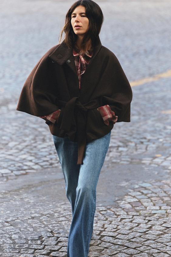 WOOL BLEND CAPE COAT WITH BELT - Brown de Zara - Imagen 0