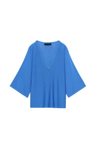 Zara FLOWY V-NECK KNIT JUMPER - Bluish