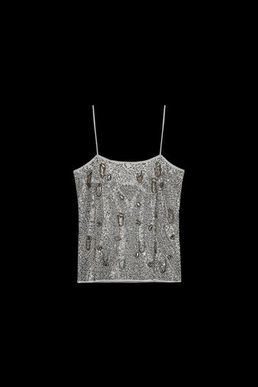 Zara ZW COLLECTION EMBROIDERED BEADED TOP - Silver - Image 0
