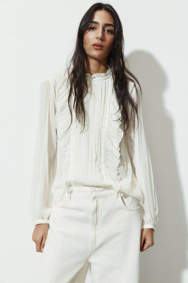 COTTON GAUZE BLOUSE WITH RUFFLE AND LACE TRIMS - Ecru by Zara