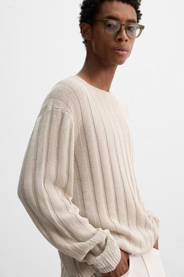 100% LINEN RIBBED SWEATER - Stone by Zara
