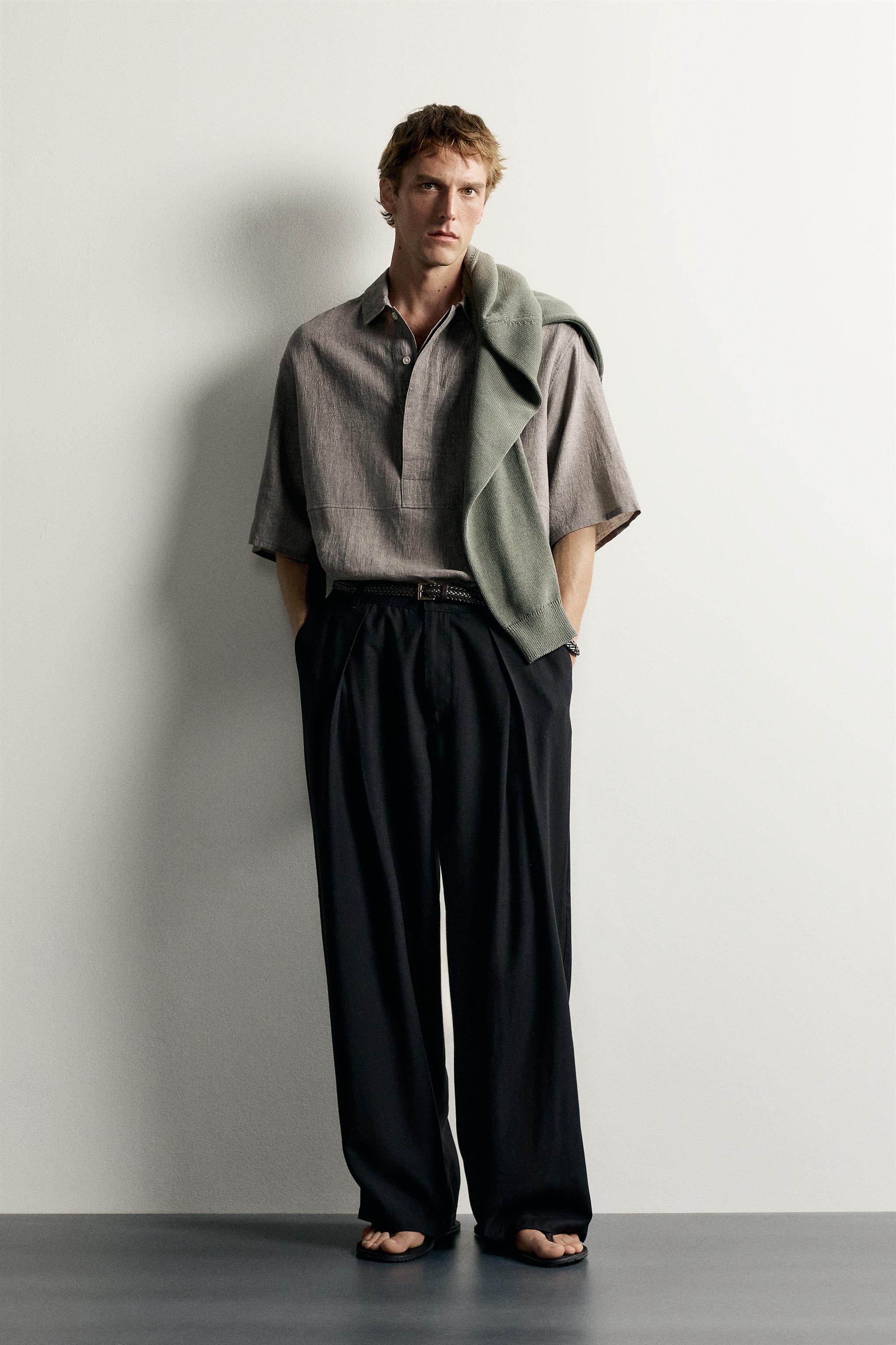 Мужские рубашки Zara RELAXED-FIT LINEN-COTTON POLO SHIRT