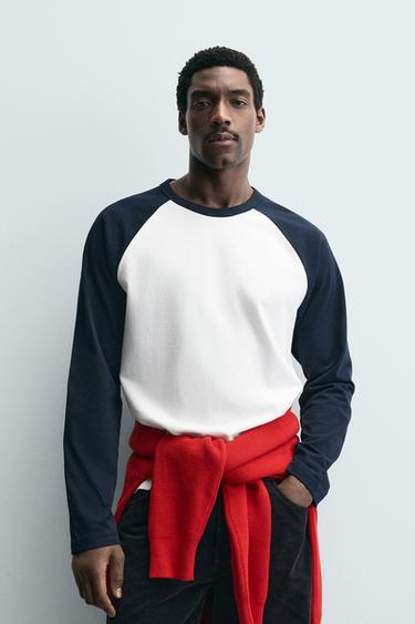 T-SHIRT COLOR BLOCK À MANCHES RAGLAN - Écru / Bleu de Zara