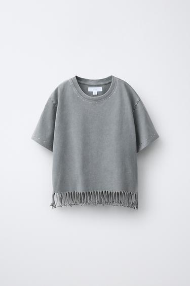 FRINGED T-SHIRT WITH STUDS - Anthracite grey by Zara