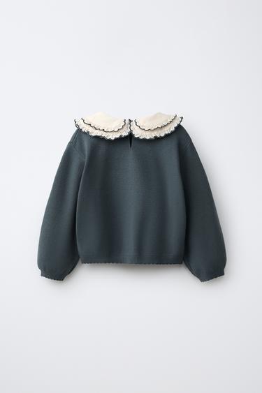 EMBROIDERED DOUBLE PETER PAN COLLAR SWEATER — Petrol blue 2