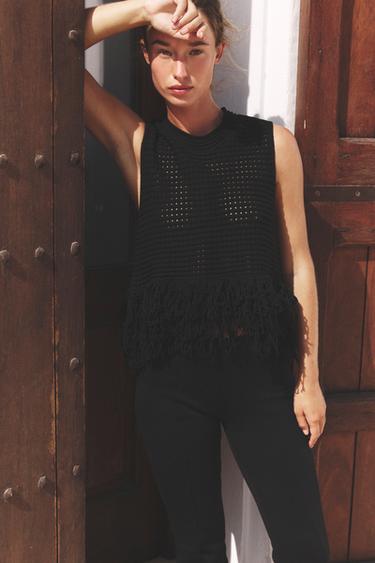 Zara FRINGED CHECK KNIT TOP - Black