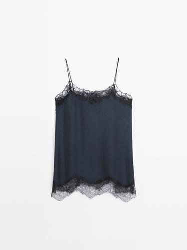 Zara Camisole top with contrast lace detail - Navy blue - Image 0
