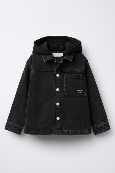 Zara QUILTED DENIM OVERSHIRT WITH DETACHABLE HOODIE - Black