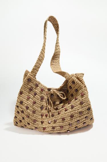 Zara BEADED WOVEN SHOPPER - Light beige