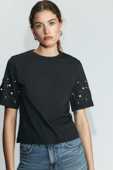 Zara EMBROIDERED BEADED T-SHIRT - Black