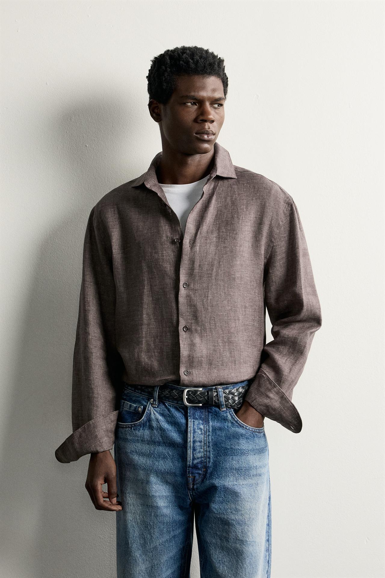 100% LINEN REGULAR FIT SHIRT — Brown