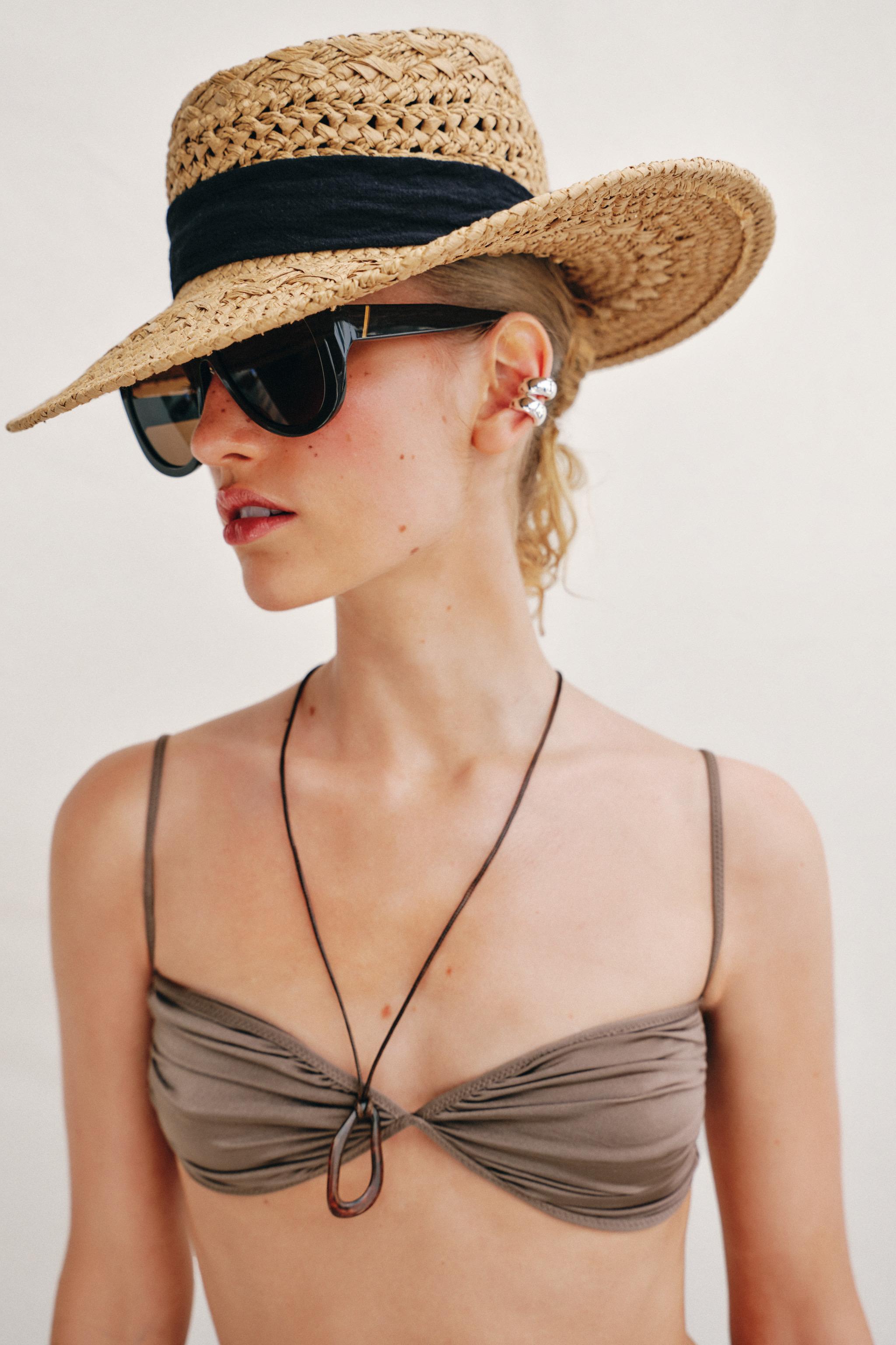 WOVEN HAT WITH CONTRASTING RIBBON — Light beige