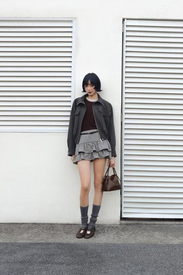 Zara 格紋繫帶短褲裙 - 灰色 / 藍色