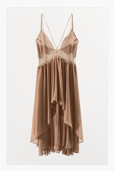 ASYMMETRIC DRESS WITH LACE RUFFLES - Brown / Taupe by Zara