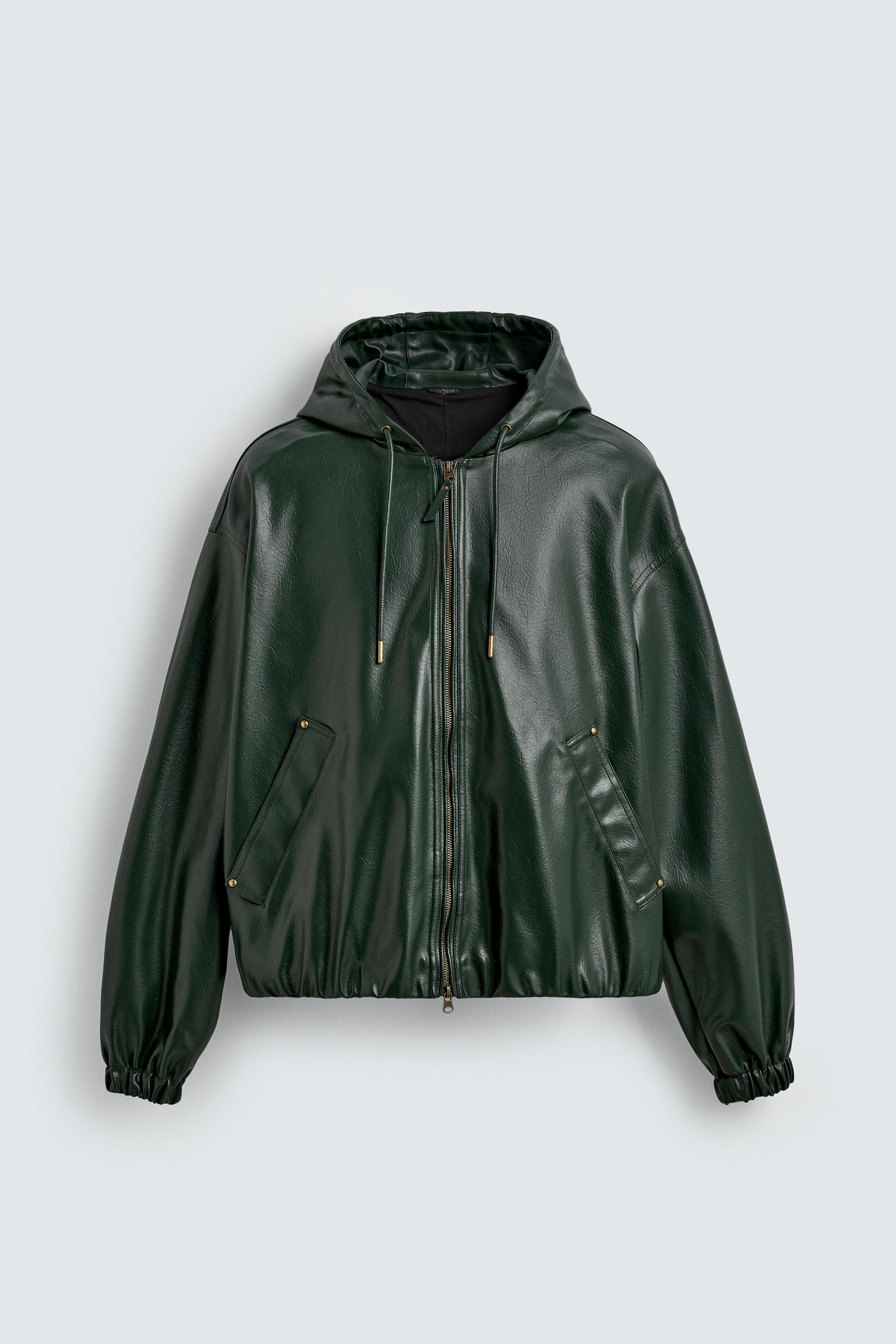 HOODED LEATHER EFFECT JACKET - Green | ZARA Australia