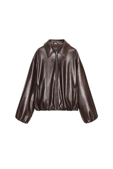 Front view of a chocolate bomber jacket with a shirt collar, long sleeves, welt pockets, and front zip fastening.