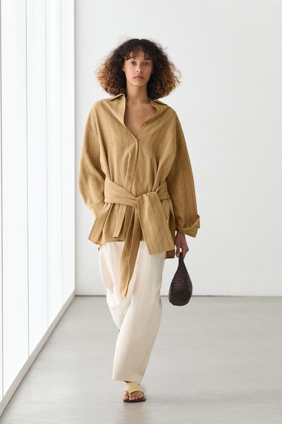 Striped flowing shirt with corset belt detail from Zara - $160