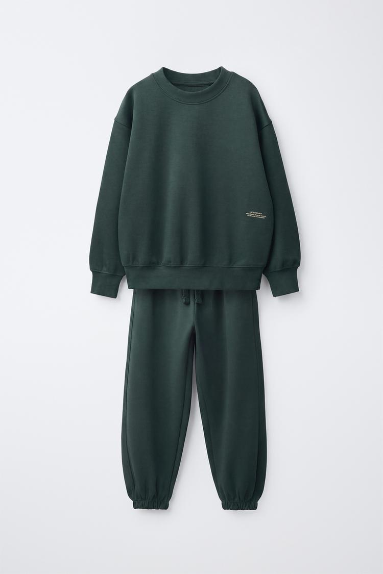 TEXT INTERLOCK SWEATSHIRT AND PANTS SET — Green