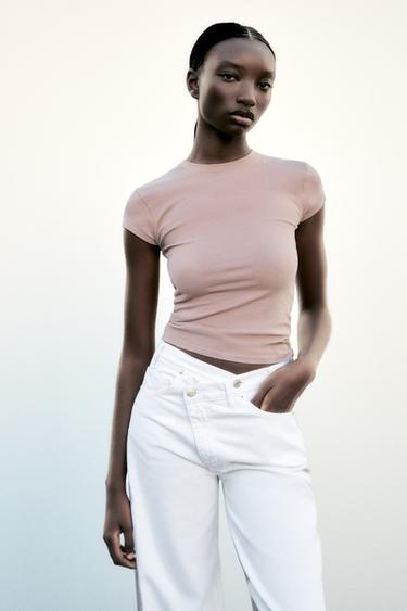 Zara SLIM FIT SHORT SLEEVE T-SHIRT - Beige-pink