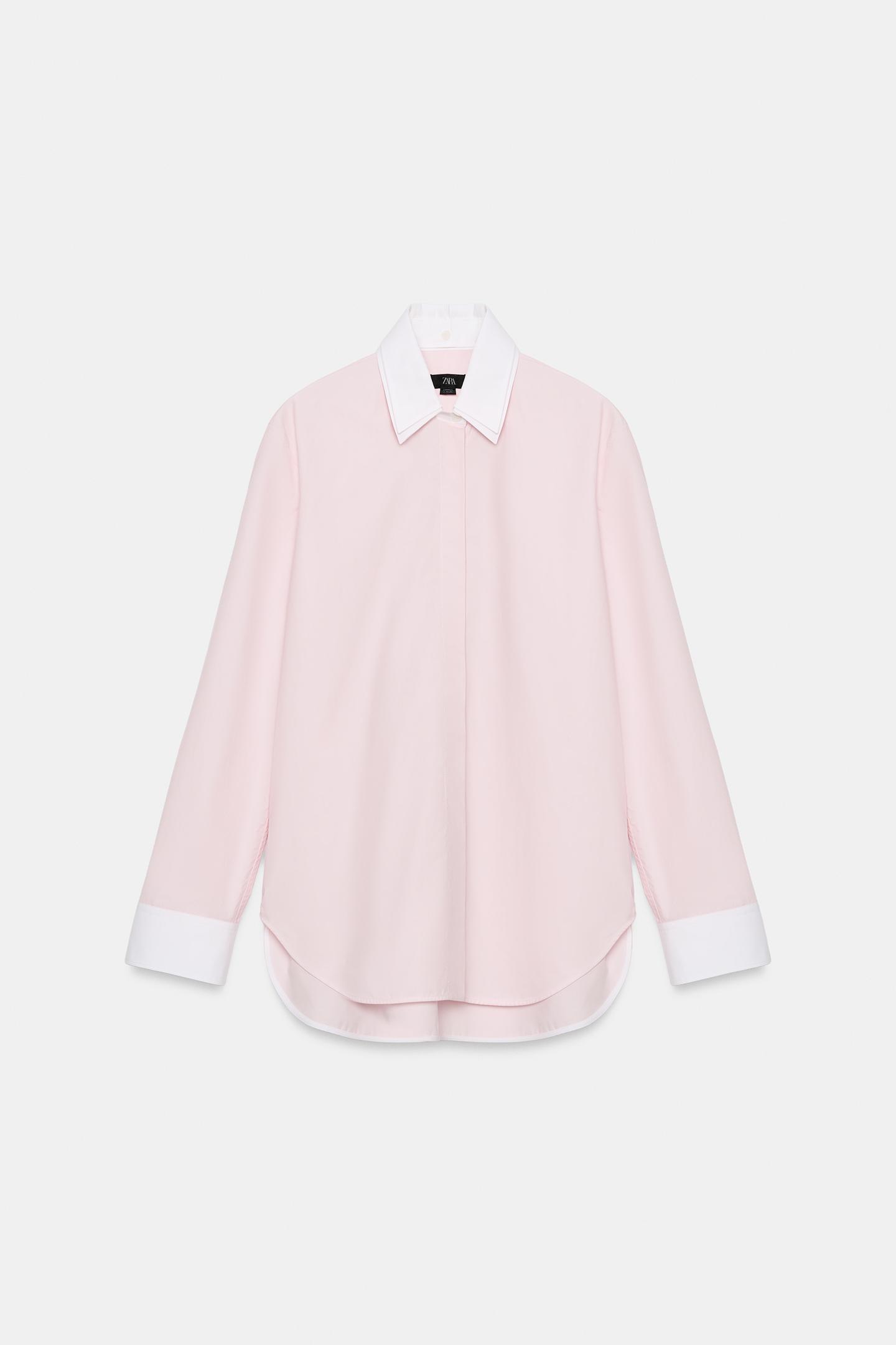 Женская рубашка Zara ZW Collection Double Collar, цвет: Меловой розовый — фото 7