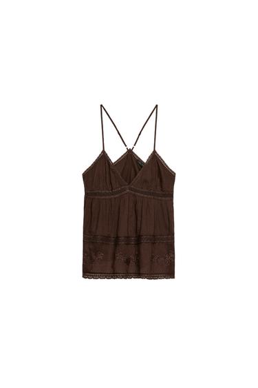 EMBROIDERED CHIFFON STRAPPY TOP - Brown by Zara