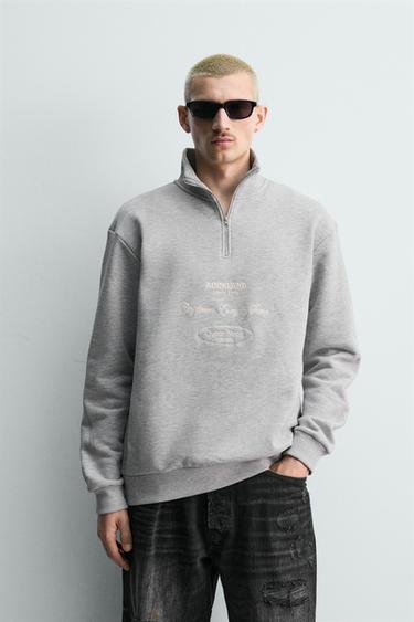 Zara EMBROIDERED QUARTER-ZIP SWEATSHIRT - Gray
