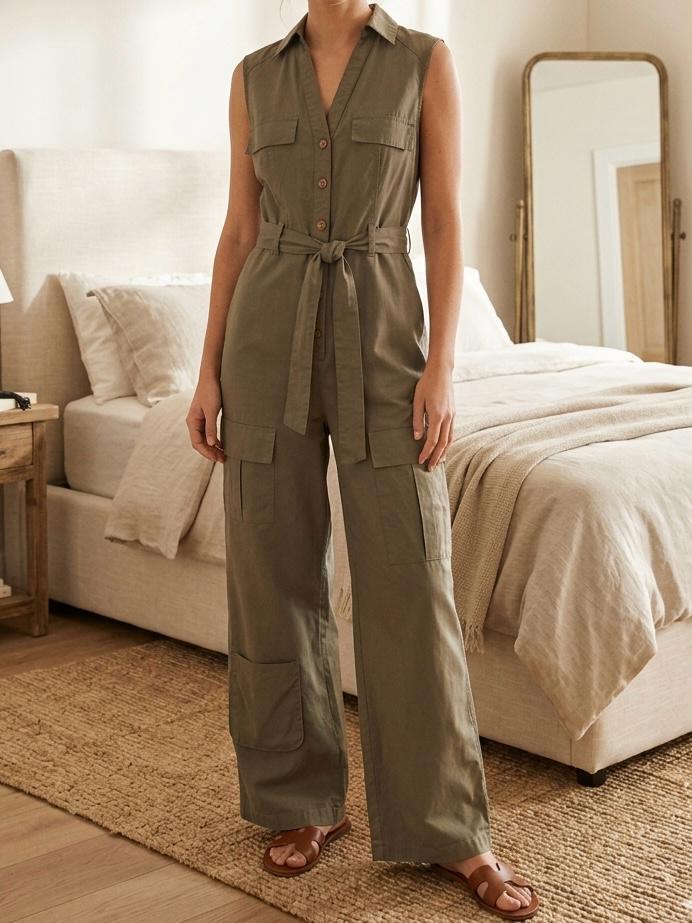 Model in an olive green sleeveless jumpsuit and brown sandals in a cosy bedroom with a bed and a standing mirror.