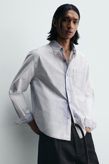 CHEMISE RELAXED FIT LAVÉE À RAYURES - Bleu de Zara - Image 5