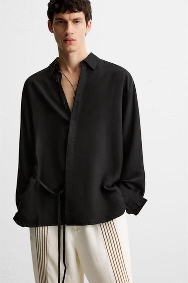 CHEMISE VISCOE - LIN À LACETS - Noir de Zara - Image 4