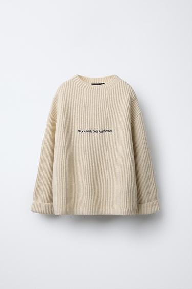 Zara EMBROIDERED TEXT KNIT SWEATER - Ecru