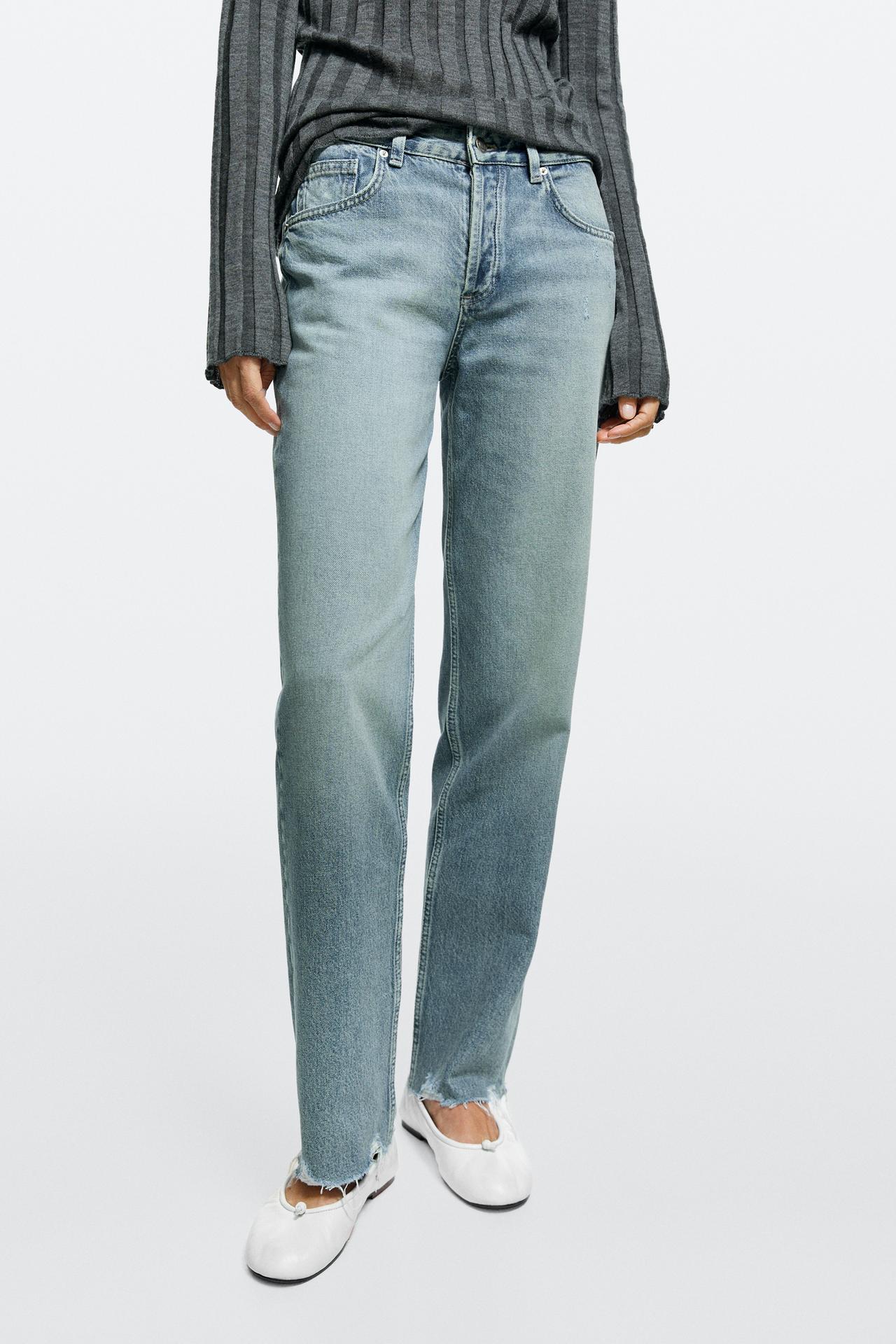 Stovepipe fit mid-waist jeans with frayed hem — Aquamarine