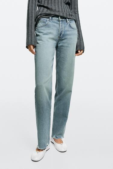 Stovepipe fit mid-waist jeans with frayed hem — Aquamarine 2