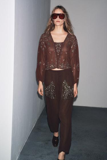 BLOUSE GEORGETTE BRODERIES FANTAISIE - Marron de Zara - Image 4
