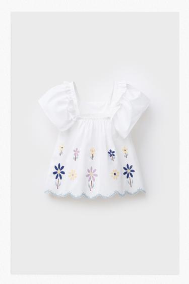 Zara CROSS-STITCH FLORAL TOP - White