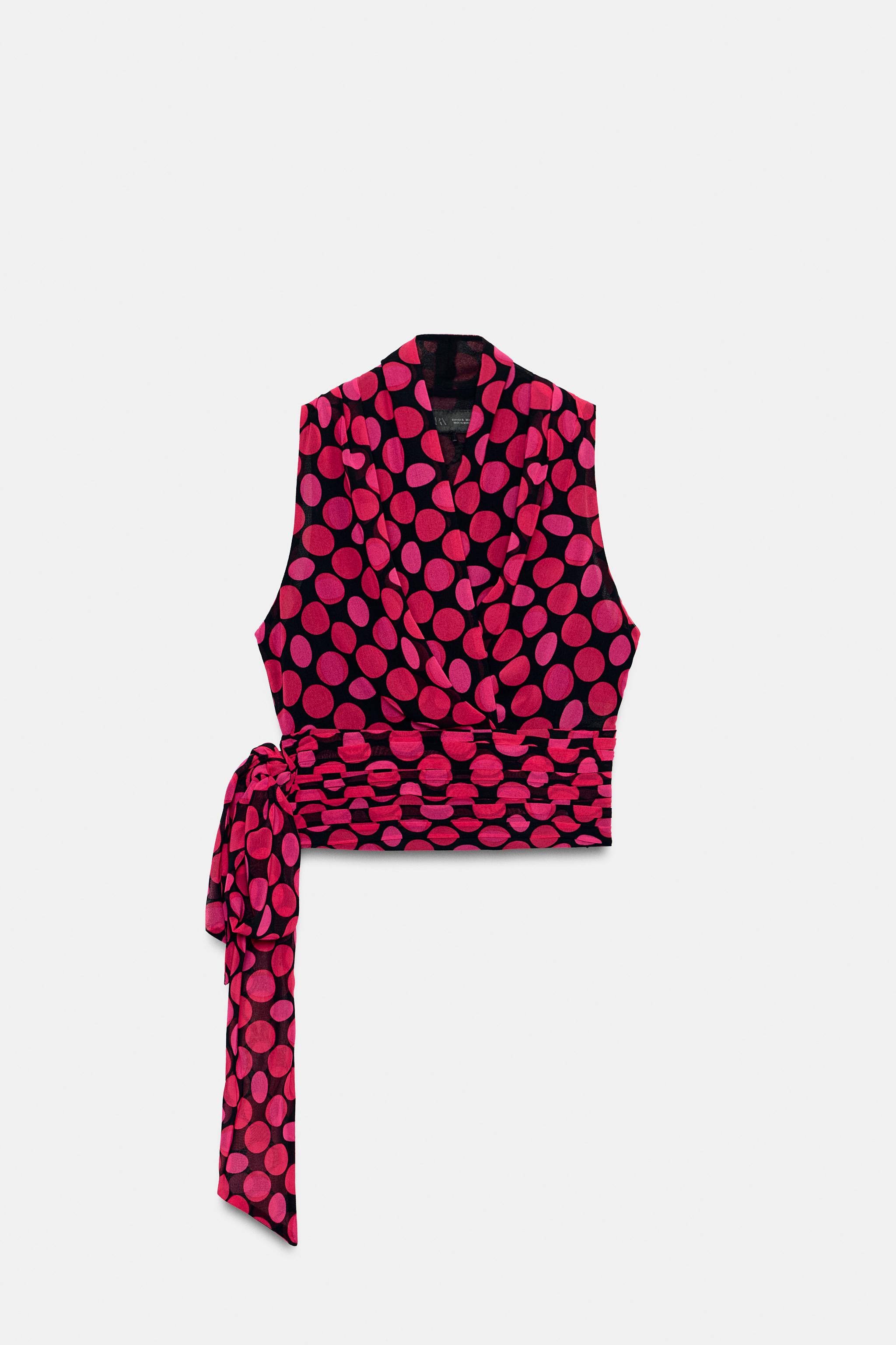 POLKA DOT TIE TOP — Black / Fuchsia