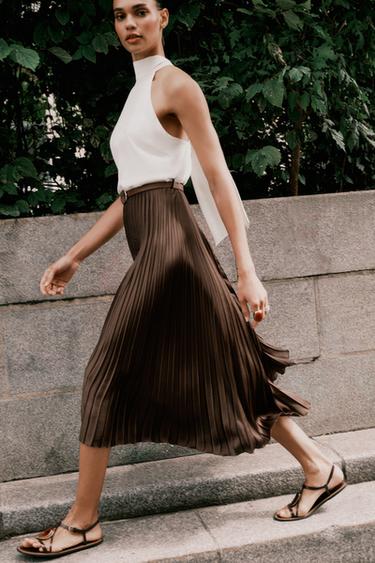 ROBE MIDI COMBINÉE PLISSÉE - Marron de Zara - Image 3