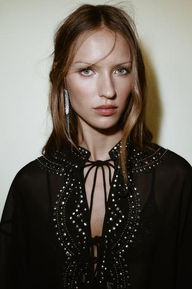 SEMI-SHEER BEADED BLOUSE - Black by Zara - Image 3