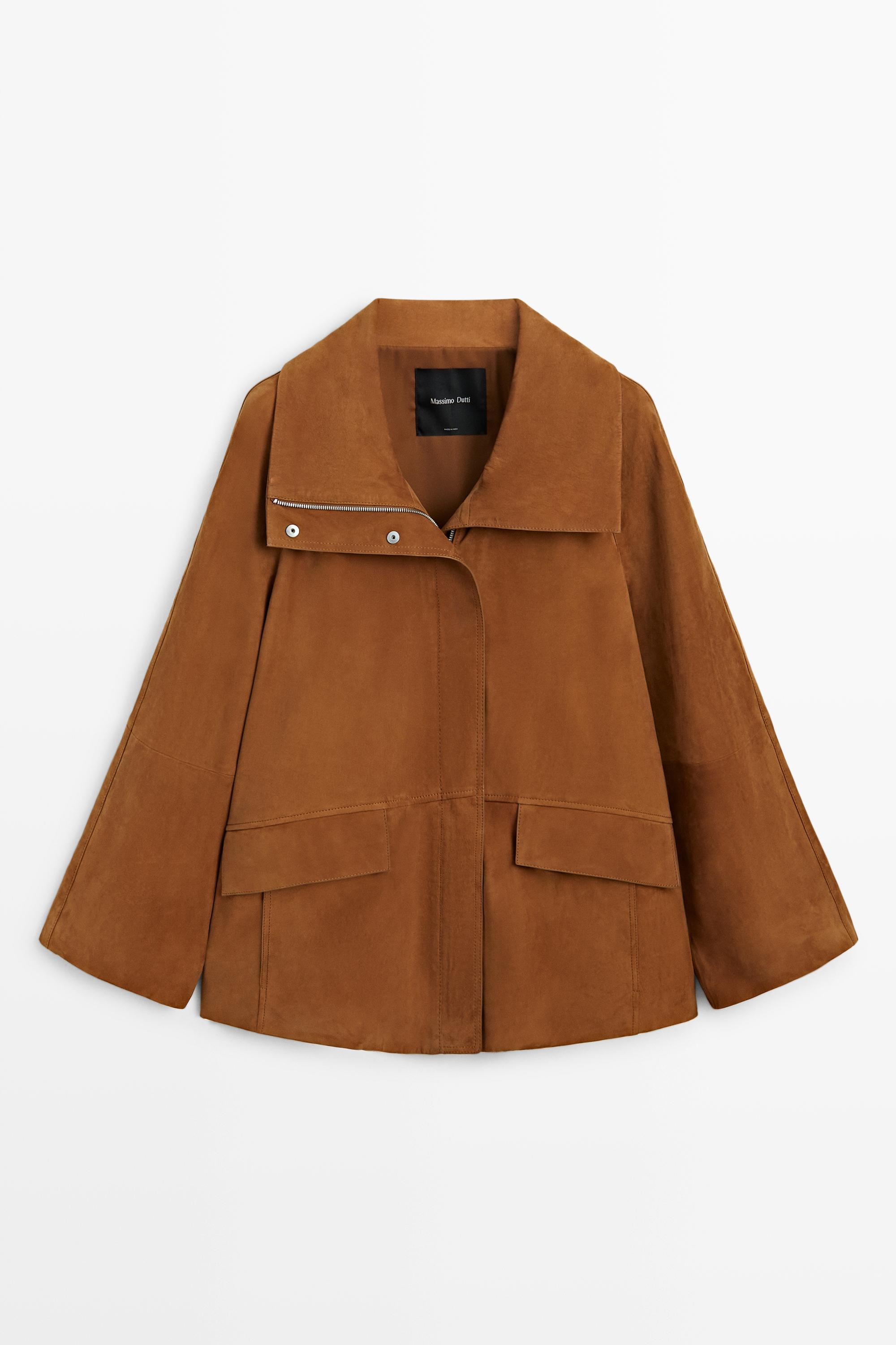 Manteau col montant en cuir nubuck