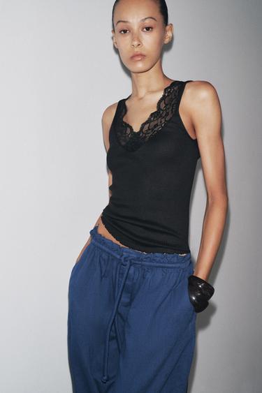 Zara RIBBED LACE T-SHIRT - Black