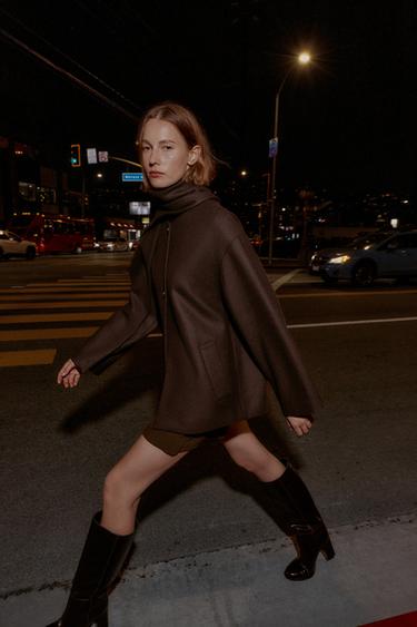 CROPPED WOOL COAT WITH SCARF - Brown by Zara - Image 4