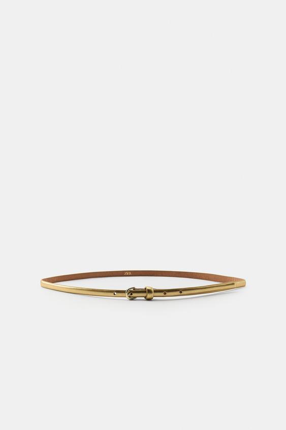 SLIM 100% LEATHER BELT WITH METALLIC EFFECT - Golden by Zara - Image 0