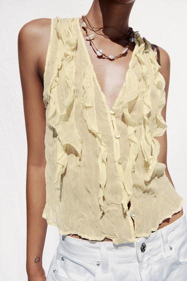 Zara SEMI-SHEER RUFFLED TOP - Light yellow