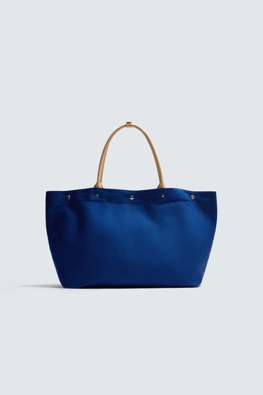 BOLSA TOTE BAG COM DETALHES DE COURO AARON LEVINE X ZARA - Azul da Zara