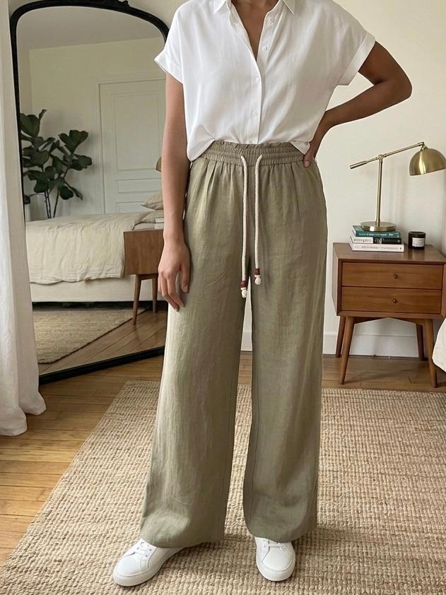 Woman in a white shirt and loose beige trousers with a drawstring, in a modern bedroom with a mirror, rug, and bedside table.