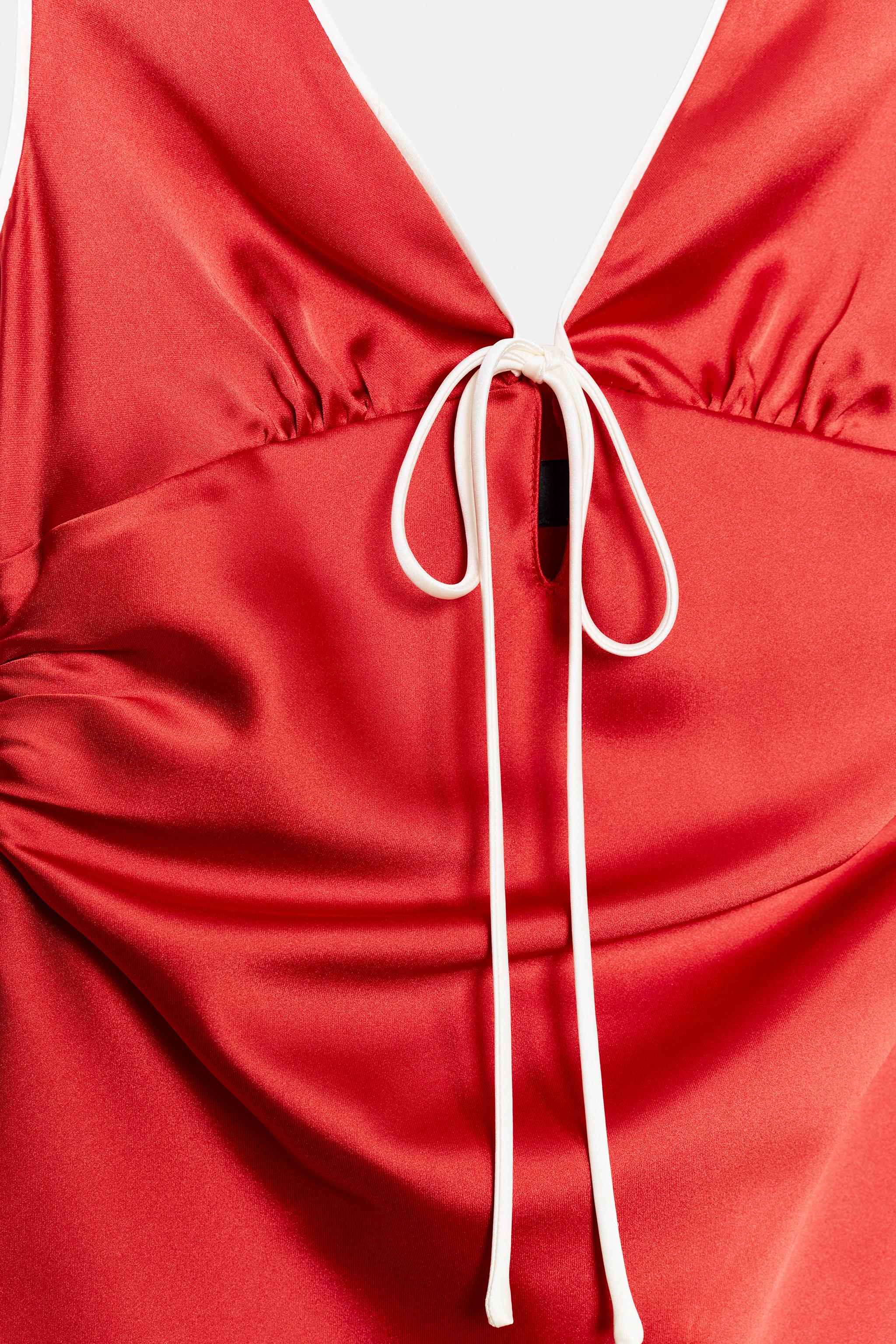 zara red satin mini dress CONTRAST PIPING SATIN MINI DRESS - Red