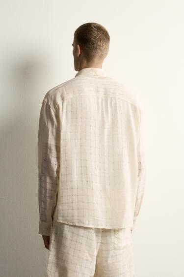 LINEN/COTTON CHECKED JACQUARD RELAXED FIT SHIRT - Ecru by Zara